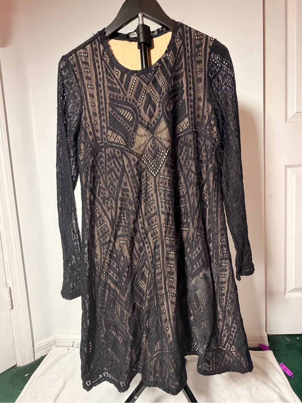 BCBGMaxAzria Black Lace Long-Sleeve A-Line Dress